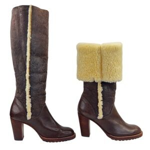 KORS Michael Kors Women’s Brown Leather Tall High Heel Sherpa Lined Boots